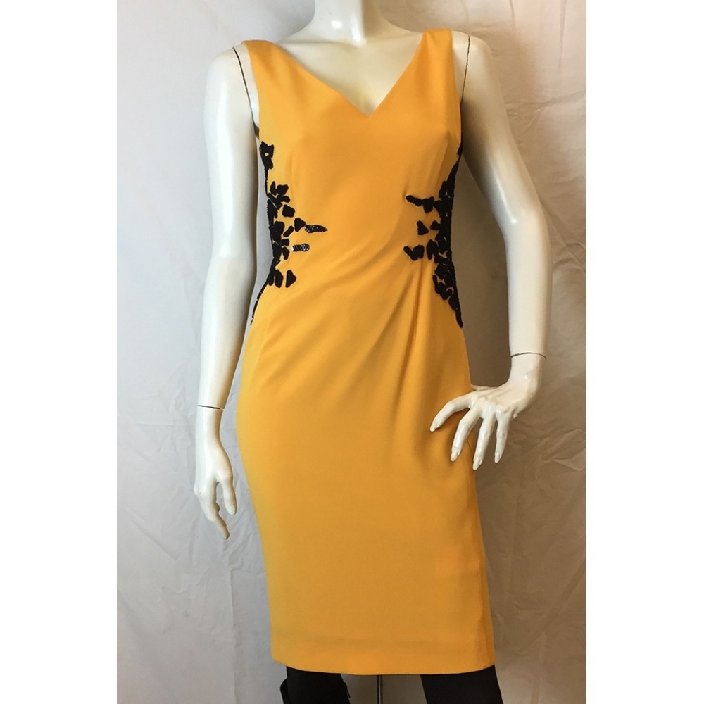 Escada Yellow Embroidery V-Neck Dress
